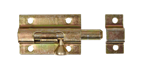 Bolt lock with knob handle, Material: raw steel, Surface: yellow galvanised, with attached staple, Plate length: 50 mm, Plate width: 33 mm, Bolt-Ø: 9 mm, Loop width: 15 mm, Loop length: 33 mm, Total length: 70 mm, Extension length: 17 mm, No. of holes: 6, Hole: Ø4.5 mm