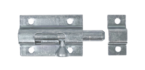 Bolt lock with knob handle, Material: raw steel, Surface: yellow galvanised, with attached staple, Plate length: 50 mm, Plate width: 33 mm, Bolt-Ø: 9 mm, Loop width: 15 mm, Loop length: 33 mm, Total length: 70 mm, Extension length: 17 mm, No. of holes: 6, Hole: Ø4.5 mm