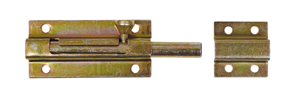 Bolzenriegel mit Knopfgriff, Material: Stahl roh, Oberfläche: galvanisch gelb verzinkt, mit befestigter Schlaufe, Plattenlänge: 70 mm, Plattenbreite: 33 mm, Bolzen-Ø: 9 mm, Schlaufenbreite: 31 mm, Schlaufenlänge: 33 mm, Gesamtlänge: 110 mm, Ausschub: 38 mm, Anzahl Löcher: 8, Loch: Ø4,5 mm