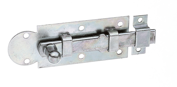 Window bolt with knob handle, Material: raw steel, Surface: galvanised, thick-film passivated, type: straight, with attached staple, Plate length: 80 mm, Plate width: 30 mm, Slide width: 10 mm, Loop width: 10 mm, Loop length: 30 mm, No. of holes: 8, Hole: Ø3.5 mm