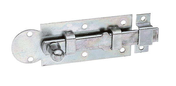 Window bolt with knob handle, Material: raw steel, Surface: galvanised, thick-film passivated, type: straight, with attached staple, Plate length: 100 mm, Plate width: 30 mm, Slide width: 11.5 mm, Loop width: 13 mm, Loop length: 38 mm, No. of holes: 6 / 2, Hole: Ø3.5 / Ø3.3 mm