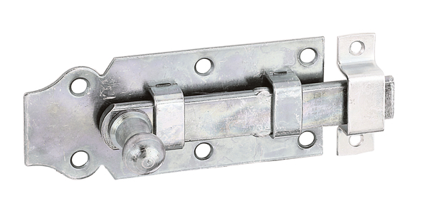 Door bolt with knob handle, with countersunk screw holes, Material: raw steel, Surface: galvanised, thick-film passivated, type: straight, with attached staple, Plate length: 100 mm, Plate width: 44 mm, Slide width: 16 mm, Width of locking plate: 13 mm, Length of locking plate: 45 mm, No. of holes: 6 / 2, Hole: Ø5 / Ø4 mm