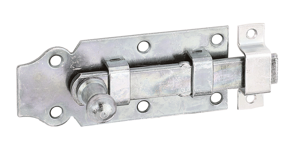 Chiavistello per porte, con fori per viti incassate, Materiale: acciaio grezzo, superficie: zincata galvanizzata, con strato spesso passivato, modello: diritto, con guida asta fissata, Lunghezza piastra: 100 mm, Larghezza piastra: 44 mm, Larghezza chiavistello: 16 mm, Larghezza lamiera di chiusura: 13 mm, Lunghezza della piastra di riscontro: 45 mm, Numero di fori: 6 / 2, Foro: Ø5 / Ø4 mm