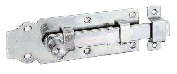 Door bolt with knob handle, with countersunk screw holes, Material: raw steel, Surface: galvanised, thick-film passivated, type: straight, with attached staple, Plate length: 120 mm, Plate width: 44 mm, Slide width: 16 mm, Width of locking plate: 13 mm, Length of locking plate: 45 mm, No. of holes: 6 / 2, Hole: Ø5 / Ø4 mm