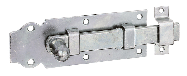 Door bolt with knob handle, with countersunk screw holes, Material: raw steel, Surface: galvanised, thick-film passivated, type: straight, with attached staple, Plate length: 140 mm, Plate width: 52 mm, Slide width: 20 mm, Width of locking plate: 16 mm, Length of locking plate: 55 mm, No. of holes: 6 / 2, Hole: Ø5 / Ø4.5 mm