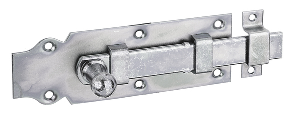 Door bolt with knob handle, with countersunk screw holes, Material: raw steel, Surface: galvanised, thick-film passivated, type: straight, with attached staple, Plate length: 160 mm, Plate width: 56 mm, Slide width: 22 mm, Width of locking plate: 16 mm, Length of locking plate: 55 mm, No. of holes: 6 / 2, Hole: Ø5.3 / Ø4.5 mm