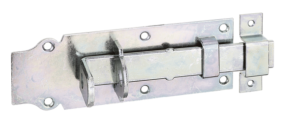 Lock bolt with flat handle, with countersunk screw holes, Material: raw steel, Surface: galvanised, thick-film passivated, type: straight, with attached staple, Plate length: 180 mm, Plate width: 64 mm, Slide width: 25 mm, Width of locking plate: 20 mm, Length of locking plate: 72 mm, No. of holes: 6 / 2, Hole: Ø5.5 / Ø4.5 mm