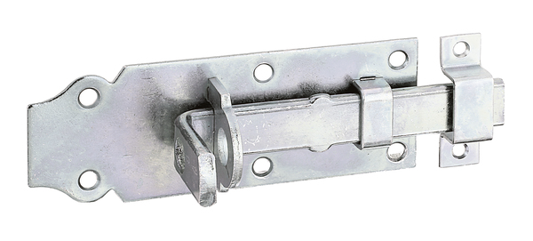 Lock bolt with flat handle, with countersunk screw holes, Material: raw steel, Surface: galvanised, thick-film passivated, type: straight, with attached staple, Plate length: 100 mm, Plate width: 44 mm, Slide width: 16 mm, Width of locking plate: 13 mm, Length of locking plate: 45 mm, No. of holes: 6 / 2, Hole: Ø5 / Ø4 mm