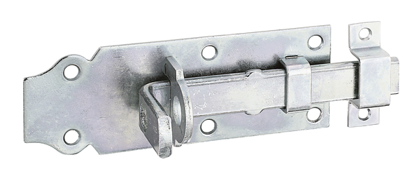 Lock bolt with flat handle, with countersunk screw holes, Material: raw steel, Surface: galvanised, thick-film passivated, type: straight, with attached staple, Plate length: 120 mm, Plate width: 44 mm, Slide width: 16 mm, Width of locking plate: 13 mm, Length of locking plate: 45 mm, No. of holes: 6 / 2, Hole: Ø5 / Ø4 mm
