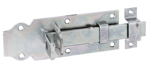 Lock bolt with flat handle, with countersunk screw holes, Material: raw steel, Surface: galvanised, thick-film passivated, type: straight, with attached staple, Plate length: 140 mm, Plate width: 52 mm, Slide width: 20 mm, Width of locking plate: 16 mm, Length of locking plate: 55 mm, No. of holes: 6 / 2, Hole: Ø5 / Ø4.5 mm