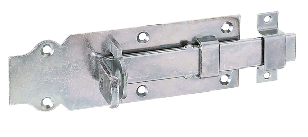 Lock bolt with flat handle, with countersunk screw holes, Material: raw steel, Surface: galvanised, thick-film passivated, type: straight, with attached staple, Plate length: 160 mm, Plate width: 56 mm, Slide width: 22 mm, Width of locking plate: 16 mm, Length of locking plate: 55 mm, No. of holes: 6 / 2, Hole: Ø5.5 / Ø4.5 mm