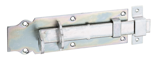 Lock bolt with flat handle, with countersunk screw holes, Material: raw steel, Surface: galvanised, thick-film passivated, type: straight, with attached staple, Plate length: 200 mm, Plate width: 64 mm, Slide width: 25 mm, Width of locking plate: 20 mm, Length of locking plate: 73 mm, No. of holes: 6 / 2, Hole: Ø5.5 / Ø4.5 mm