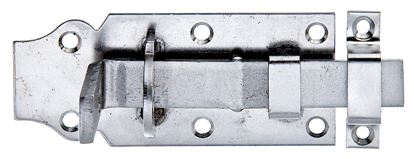 Schlossriegel mit flachem Griff, mit versenkten Schraublöchern, Material: Edelstahl, Ausführung: gerade, mit befestigter Schlaufe, Plattenlänge: 100 mm, Plattenbreite: 45 mm, Schieberbreite: 16 mm, Schließblechbreite: 10 mm, Schließblechlänge: 46 mm, Anzahl Löcher: 8, Loch: Ø3,8 mm