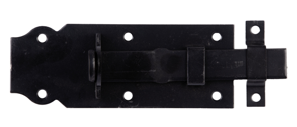 Lock bolt with flat handle, with countersunk screw holes, Material: raw steel, Surface: galvanised, black powder-coated, type: straight, with attached staple, Plate length: 120 mm, Plate width: 44 mm, Slide width: 16 mm, Width of locking plate: 13 mm, Length of locking plate: 45 mm, No. of holes: 6 / 2, Hole: Ø5 / Ø4 mm, 15-year warranty against rusting through