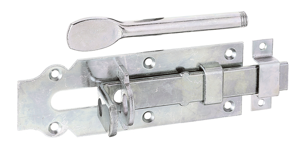 Barn flush bolt with flat handle, with countersunk screw holes, Material: raw steel, Surface: galvanised, thick-film passivated, type: straight, with attached staple, Plate length: 160 mm, Plate width: 56 mm, Slide width: 22 mm, Loop width: 16 mm, Loop length: 55 mm, Pin length: 128 mm, No. of holes: 6 / 2, Hole: Ø5.5 / Ø4.5 mm