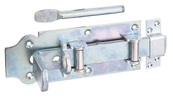 Lockable barn roller bolt with flat handle, with countersunk screw holes, Material: raw steel, Surface: galvanised, thick-film passivated, type: straight, with attached staple, Plate length: 200 mm, Plate width: 80 mm, Slide width: 30 mm, Loop width: 26 mm, Loop length: 86 mm, Pin length: 123 mm, No. of holes: 10, Hole: Ø5 mm