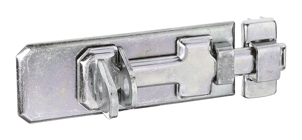 Security lock bolt with flat handle, with countersunk screw holes, Material: raw steel, Surface: galvanised, thick-film passivated, type: straight, with attached staple, Plate length: 80 mm, Plate width: 35 mm, Slide width: 13 mm, Loop width: 18 mm, Loop length: 41 mm, No. of holes: 6, Hole: Ø4.5 mm