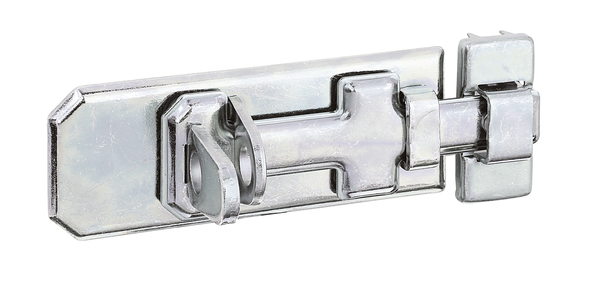 Security lock bolt with flat handle, with countersunk screw holes, Material: raw steel, Surface: galvanised, thick-film passivated, type: straight, with attached staple, Plate length: 100 mm, Plate width: 40 mm, Slide width: 15 mm, Loop width: 20 mm, Loop length: 45 mm, No. of holes: 6, Hole: Ø4.5 mm