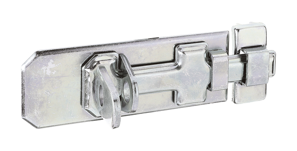 Security lock bolt with flat handle, with countersunk screw holes, Material: raw steel, Surface: galvanised, thick-film passivated, type: straight, with attached staple, Plate length: 120 mm, Plate width: 45 mm, Slide width: 17 mm, Loop width: 22 mm, Loop length: 50 mm, No. of holes: 6, Hole: Ø5 mm