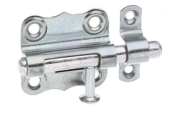 Barrel bolt with knob handle, without spring, with countersunk screw holes, Material: raw steel, Surface: galvanised, thick-film passivated, with attached staple, Plate length: 39 mm, Plate width: 38 mm, Bolt-Ø: 8 mm, Loop width: 10 mm, Loop length: 37 mm, Total length: 65 mm, No. of holes: 4 / 2, Hole: Ø4.5 / Ø3.8 mm