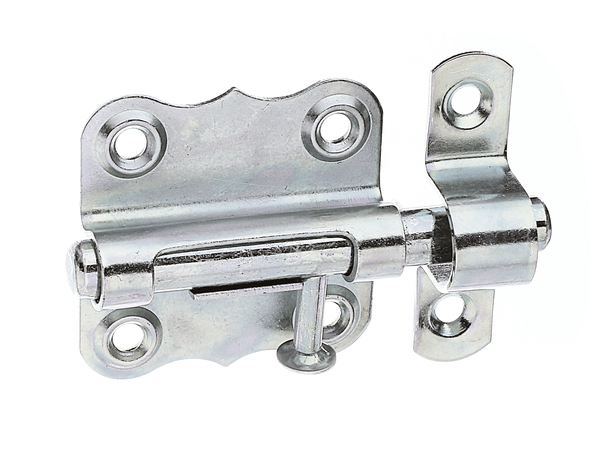 Barrel bolt with knob handle, without spring, with countersunk screw holes, Material: raw steel, Surface: galvanised, thick-film passivated, with attached staple, Plate length: 47 mm, Plate width: 46 mm, Bolt-Ø: 9 mm, Loop width: 13 mm, Loop length: 52 mm, Total length: 80 mm, No. of holes: 6, Hole: Ø4.2 mm