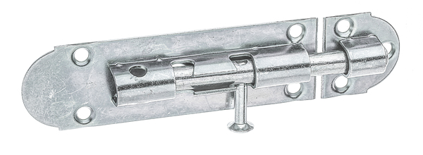 Barrel bolt with knob handle, with countersunk screw holes, without spring, Material: raw steel, Surface: galvanised, thick-film passivated, with attached staple, Plate length: 100 mm, Plate width: 30 mm, Bolt-Ø: 8 mm, Loop width: 27 mm, Loop length: 30 mm, No. of holes: 7, Hole: Ø4.4 mm
