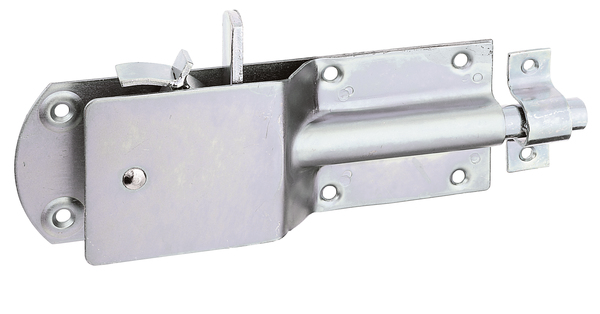 Security barn padlock bolt, with countersunk screw holes, Material: raw steel, Surface: galvanised, thick-film passivated, with attached staple, Plate length: 200 mm, Plate width: 70 mm, Bolt-Ø: 15 mm, Loop width: 20 mm, Loop length: 57 mm, Total length: 250 mm, No. of holes: 6 / 2, Hole: Ø5.5 / Ø5 mm