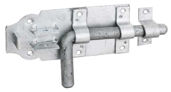Bolt lock with round handle, with countersunk screw holes, Material: raw steel, Surface: hot-dip galvanised, with attached staple, Plate length: 160 mm, Plate width: 70 mm, Bolt-Ø: 16 mm, Loop width: 20 mm, Loop length: 58 mm, Total length: 210 mm, Extension length: 49 mm, No. of holes: 6 / 2, Hole: Ø5.5 / Ø5 mm