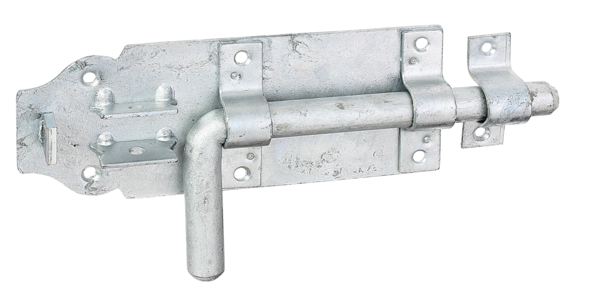 Bolt lock with round handle, with countersunk screw holes, Material: raw steel, Surface: hot-dip galvanised, with attached staple, Plate length: 180 mm, Plate width: 70 mm, Bolt-Ø: 16 mm, Loop width: 20 mm, Loop length: 58 mm, Total length: 230 mm, Extension length: 49 mm, No. of holes: 6 / 2, Hole: Ø5.5 / Ø5 mm
