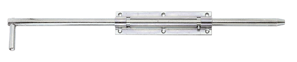 Tower drop bolt, with countersunk screw holes, Material: raw steel, Surface: galvanised, thick-film passivated, with attached staple, Length: 600 mm, Plate length: 210 mm, Plate width: 52 mm, Bolt-Ø: 18 mm, Loop width: 30 mm, Loop length: 57 mm, No. of holes: 8, Hole: Ø5 mm