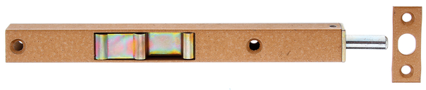 Flush bolt with slider, Material: raw steel, Surface: limba-coloured with hammer finish, with locking plate, Length: 160 mm, Width: 17 mm, Height: 12 mm, Bolt-Ø: 7.5 mm