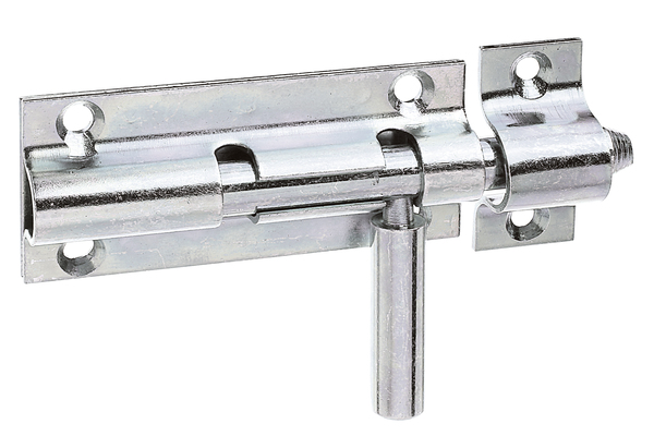 Bolt lock with round handle, with countersunk screw holes, Material: raw steel, Surface: galvanised, thick-film passivated, with attached staple, Plate length: 80 mm, Plate width: 36 mm, Bolt-Ø: 10 mm, Loop width: 20 mm, Loop length: 41 mm, Total length: 110 mm, No. of holes: 4 / 2, Hole: Ø5.5 / Ø4 mm