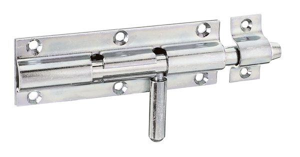 Bolt lock with round handle, with countersunk screw holes, Material: raw steel, Surface: galvanised, thick-film passivated, with attached staple, Plate length: 120 mm, Plate width: 41 mm, Bolt-Ø: 12 mm, Loop width: 20 mm, Loop length: 51 mm, Total length: 160 mm, No. of holes: 6 / 2, Hole: Ø5 / Ø4.5 mm