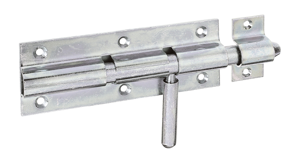 Bolt lock with round handle, with countersunk screw holes, Material: raw steel, Surface: galvanised, thick-film passivated, with attached staple, Plate length: 160 mm, Plate width: 60 mm, Bolt-Ø: 16 mm, Loop width: 25 mm, Loop length: 60 mm, Total length: 210 mm, No. of holes: 8, Hole: Ø5.5 mm