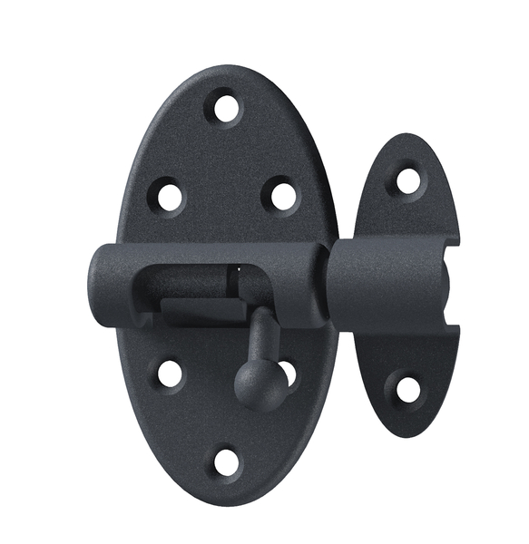 Ovado Barrel bolt with knob handle, with spring, with countersunk screw holes, Material: steel, Surface: galvanised, graphite grey powder-coated, Plate length: 40 mm, Plate width: 75 mm, Bolt-Ø: 9 mm, Loop width: 19 mm, Loop length: 51 mm, No. of holes: 8, Hole: Ø4.5 mm