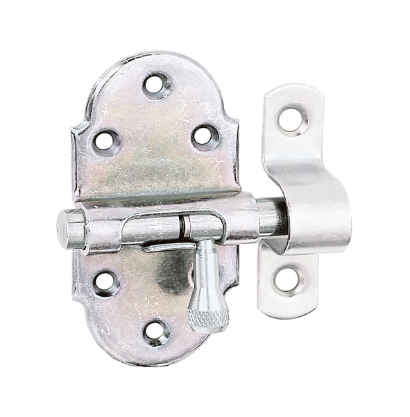 Grendelriegel mit Messing-Knopf, mit Feder, mit versenkten Schraublöchern, Material: Stahl roh, Oberfläche: galvanisch verzinkt, Dickschichtschutz, mit befestigter Schlaufe, Plattenlänge: 40 mm, Plattenbreite: 75 mm, Bolzen-Ø: 9 mm, Schlaufenbreite: 13 mm, Schlaufenlänge: 52 mm, Gesamtlänge: 60 mm, Anzahl Löcher: 8, Loch: Ø4,2 mm