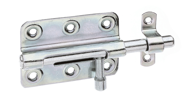 Bolt lock with round handle, with countersunk screw holes, Material: raw steel, Surface: galvanised, thick-film passivated, with attached staple, Plate length: 80 mm, Plate width: 59 mm, Bolt-Ø: 10 mm, Loop width: 16 mm, Loop length: 58 mm, Total length: 125 mm, No. of holes: 6 / 2, Hole: Ø5.3 / Ø4.2 mm