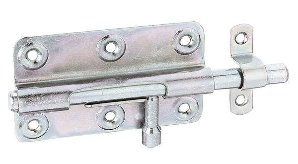 Bolt lock with round handle, with countersunk screw holes, Material: raw steel, Surface: galvanised, thick-film passivated, with attached staple, Plate length: 100 mm, Plate width: 59 mm, Bolt-Ø: 10 mm, Loop width: 16 mm, Loop length: 58 mm, Total length: 145 mm, No. of holes: 6 / 2, Hole: Ø5.3 / Ø4.2 mm