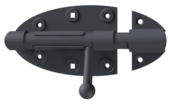 Ovado Bolt lock with round handle, with countersunk screw holes, Material: steel, Surface: galvanised, graphite grey powder-coated, Plate length: 112 mm, Plate width: 72 mm, Bolt-Ø: 16 mm, Loop width: 36 mm, No. of holes: 4 / 2 / 2, Hole: Ø5 / 5 x 5 / Ø5 mm, CutCase