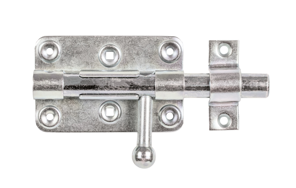Locking tower bolt with round handle, with countersunk screw holes, Material: raw steel, Surface: galvanised, thick-film passivated, with attached staple, Plate length: 99 mm, Plate width: 68 mm, Bolt-Ø: 15 mm, Loop width: 20 mm, Loop length: 58 mm, Total length: 140 mm, No. of holes: 4 / 2 / 2, Hole: Ø4.4 / Ø5 / 5 x 5 mm