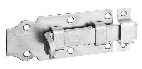 Door bolt with flat handle, with countersunk screw holes, Material: raw steel, Surface: galvanised, thick-film passivated, type: straight, with attached staple, Plate length: 100 mm, Plate width: 44 mm, Slide width: 16 mm, Width of locking plate: 13 mm, Length of locking plate: 45 mm, No. of holes: 6 / 2, Hole: Ø5 / Ø4 mm