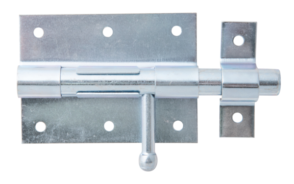 Bolt lock with round handle, Material: raw steel, Surface: blue galvanised, with attached staple, Plate length: 90 mm, Plate width: 67 mm, Bolt-Ø: 13.5 mm, Loop width: 18 mm, Loop length: 61 mm, Total length: 130 mm, Extension length: 40 mm, No. of holes: 8, Hole: Ø5 mm