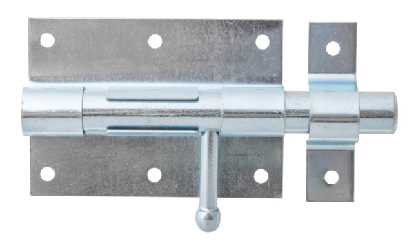 Bolt lock with round handle, Material: raw steel, Surface: blue galvanised, with attached staple, Plate length: 95 mm, Plate width: 67 mm, Bolt-Ø: 15.5 mm, Loop width: 18 mm, Loop length: 67 mm, Total length: 135 mm, Extension length: 43 mm, No. of holes: 8, Hole: Ø5 mm