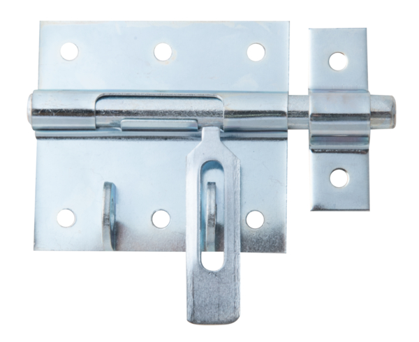 Locking tower bolt with flat handle, Material: raw steel, Surface: blue galvanised, with attached staple, Plate length: 70 mm, Plate width: 67 mm, Bolt-Ø: 9.5 mm, Loop width: 16 mm, Loop length: 53 mm, Total length: 100 mm, Extension length: 29 mm, No. of holes: 8, Hole: Ø5 mm