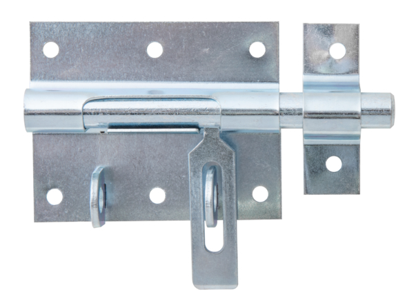 Bolzen-Schlossriegel mit flachem Griff, Material: Stahl roh, Oberfläche: galvanisch blau verzinkt, mit befestigter Schlaufe, Plattenlänge: 80 mm, Plattenbreite: 64 mm, Bolzen-Ø: 11,5 mm, Schlaufenbreite: 18 mm, Schlaufenlänge: 57 mm, Gesamtlänge: 116 mm, Anzahl Löcher: 8, Loch: Ø5 mm