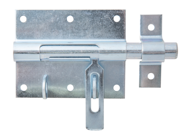 Locking tower bolt with flat handle, Material: raw steel, Surface: blue galvanised, with attached staple, Plate length: 90 mm, Plate width: 73 mm, Bolt-Ø: 13.5 mm, Loop width: 18 mm, Loop length: 61 mm, Total length: 130 mm, Extension length: 40 mm, No. of holes: 8, Hole: Ø5 mm