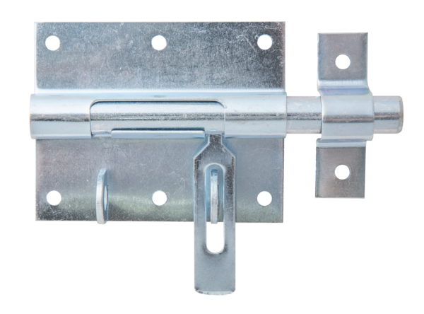Locking tower bolt with flat handle, Material: raw steel, Surface: blue galvanised, with attached staple, Plate length: 90 mm, Plate width: 73 mm, Bolt-Ø: 13.5 mm, Loop width: 18 mm, Loop length: 61 mm, Total length: 130 mm, No. of holes: 8, Hole: Ø5 mm