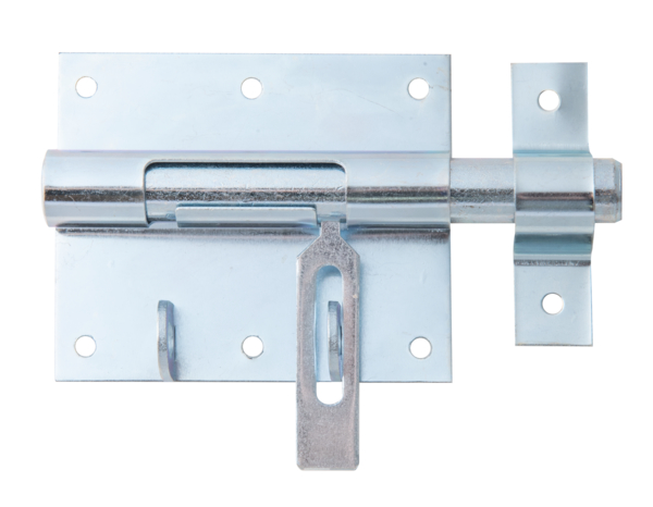 Locking tower bolt with flat handle, Material: raw steel, Surface: blue galvanised, with attached staple, Plate length: 95 mm, Plate width: 79 mm, Bolt-Ø: 15.5 mm, Loop width: 18 mm, Loop length: 67 mm, Total length: 135 mm, Extension length: 42 mm, No. of holes: 8, Hole: Ø5 mm