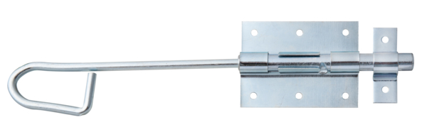 Tower drop bolt, Material: raw steel, Surface: blue galvanised, with attached staple, Length: 300 mm, Plate length: 90 mm, Plate width: 67 mm, Bolt-Ø: 13.5 mm, Loop width: 18 mm, Loop length: 61 mm, Extension length: 41 mm, No. of holes: 8, Hole: Ø5 mm