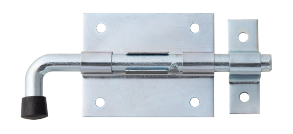 Bolt lock with round handle, Material: raw steel, Surface: blue galvanised, with attached staple, Plate length: 70 mm, Plate width: 57 mm, Bolt-Ø: 9.5 mm, Loop width: 16 mm, Loop length: 53 mm, Total length: 130 mm, Extension length: 31 mm, No. of holes: 6, Hole: Ø5 mm